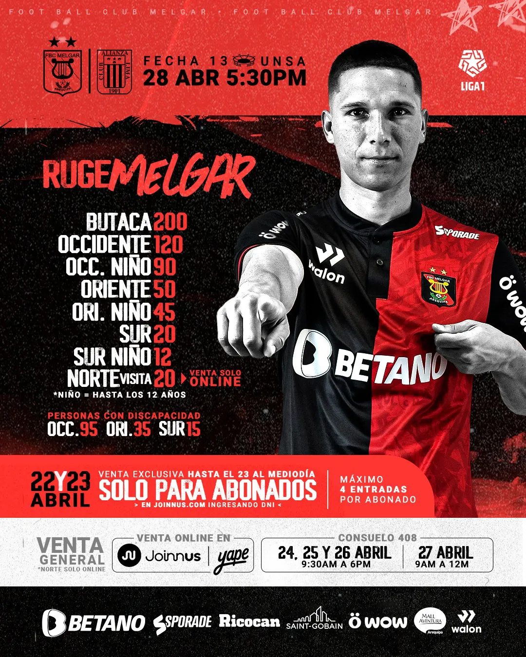 Precios de entradas para el partido entre Melgar vs Alianza